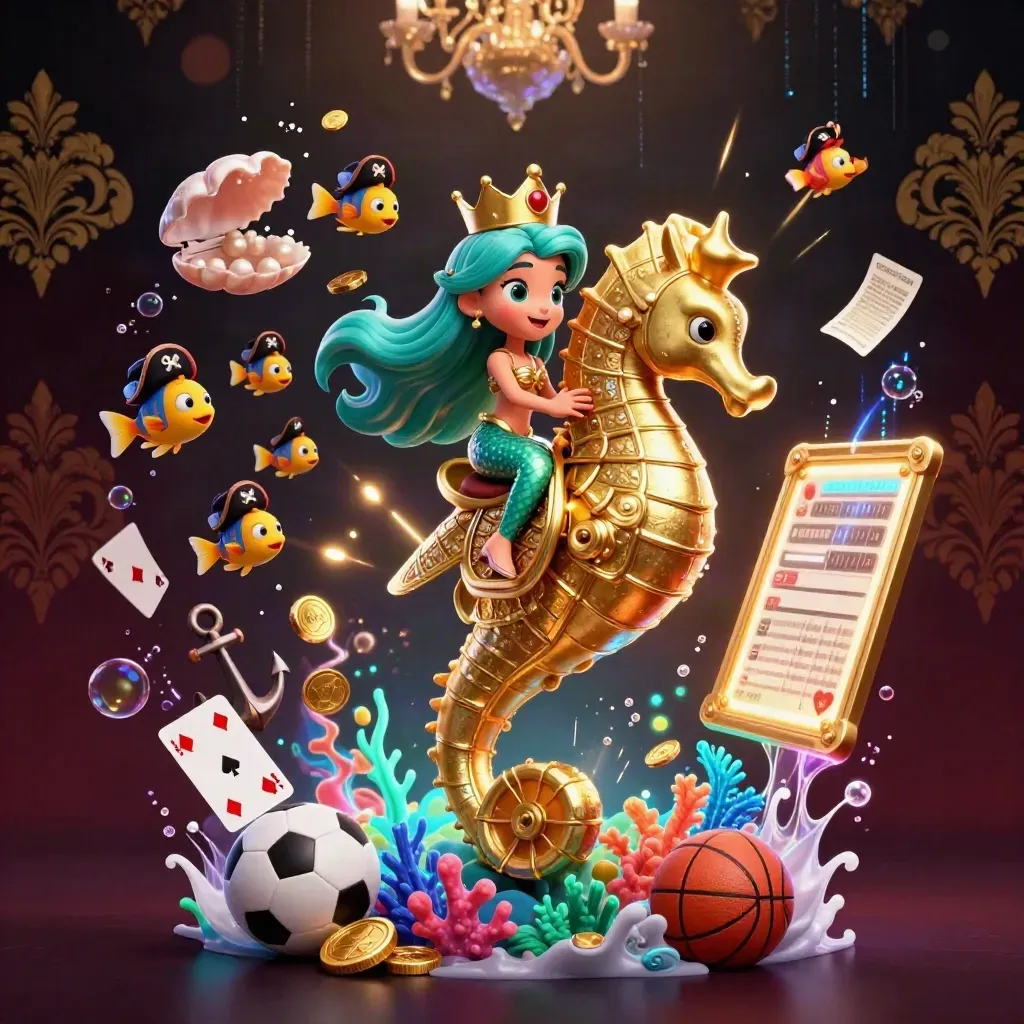 Mermaid princess rides a golden seahorse amid fish, coins, cards, and sports balls in a luxe underwater cove.