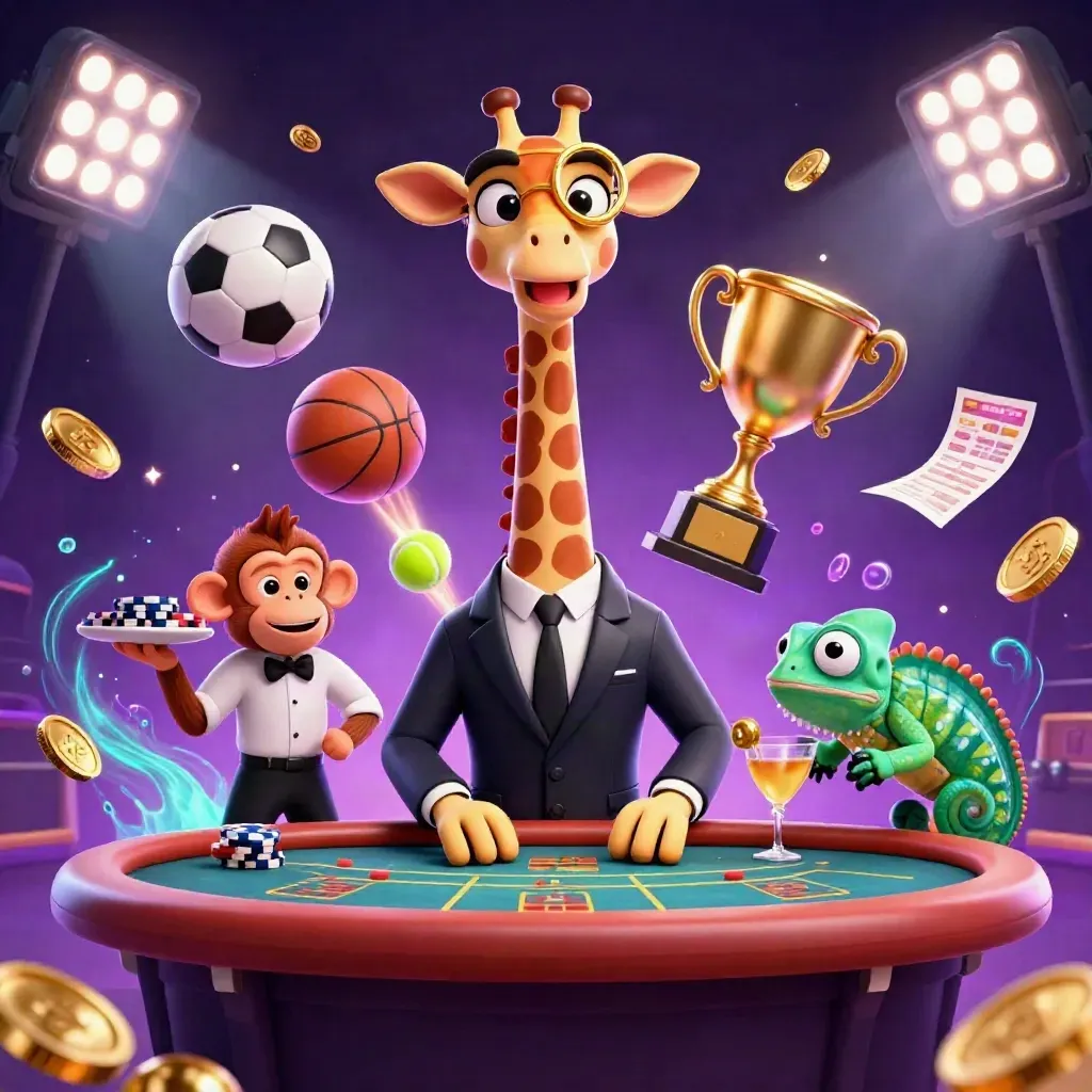 Giraffe, monkey, and chameleon in a casino scene with coins, balls, trophy, fireworks, and neon glow