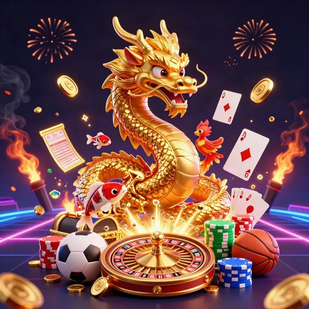 Golden dragon with phoenix and koi amid coins, cards, chips and casino lights