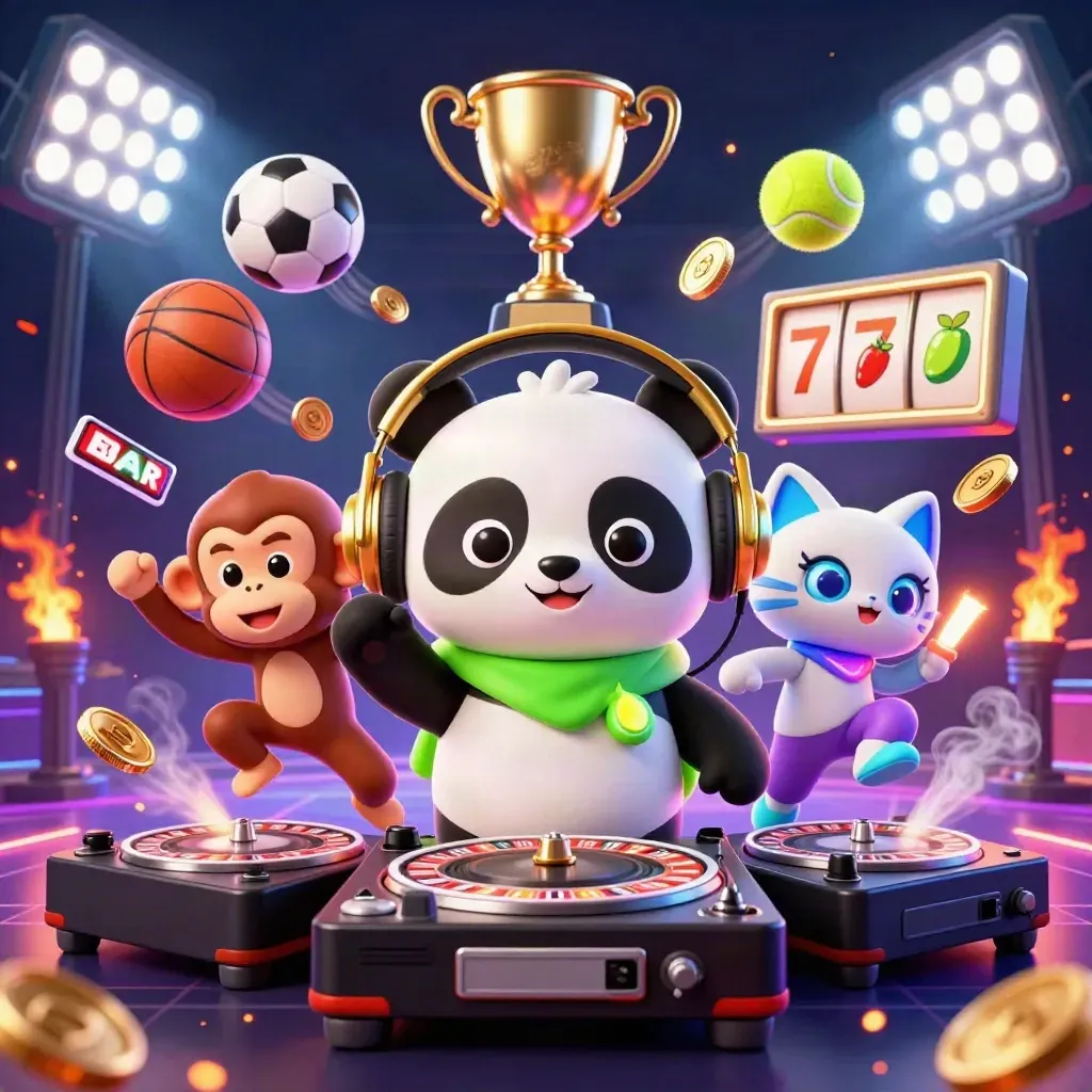 DJ panda, breakdancing monkey and rave kitten amid casino symbols, coins and neon sports lights