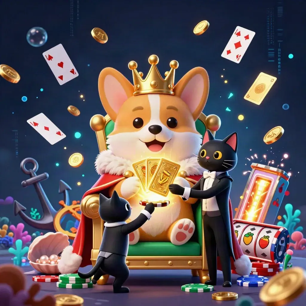 Royal corgi and cat butler amid casino treasure, glowing cards, chips, coral, and neon effects.
